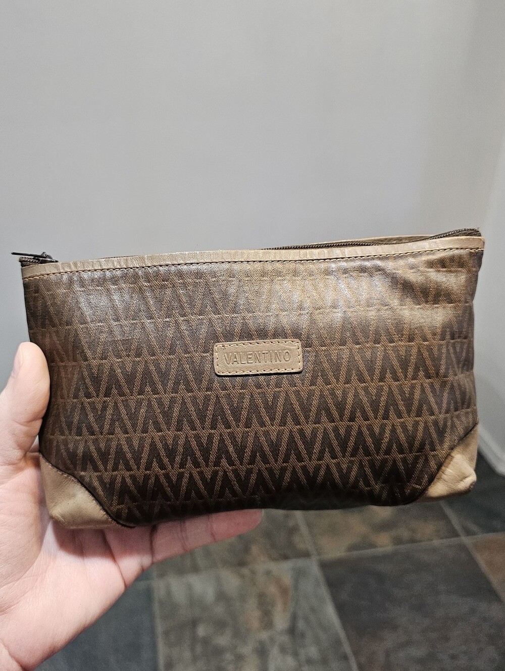Mario Valentino Brown Monogram Cosmetic Pouch EUC - Picture 2 of 14
